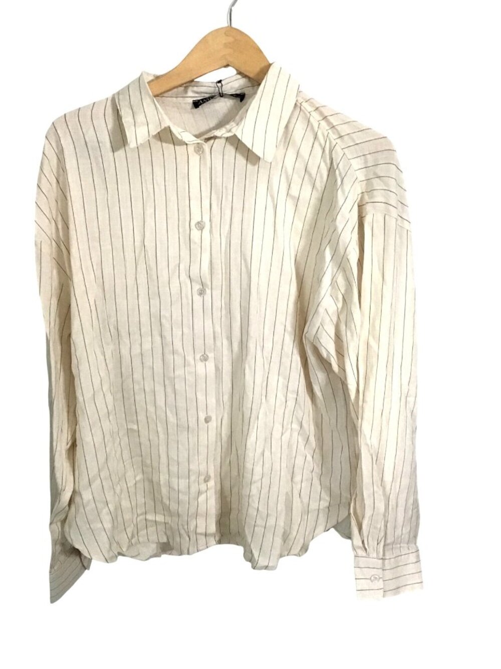 ANWND Womens Beige Striped Button-Up Shirt Size M Lightweight Cotton Blend Long